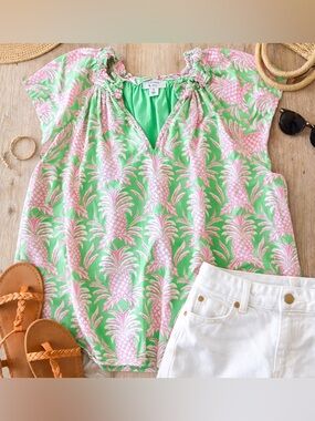 crown & ivy Pink Pineapple Print Ruffle V-Neck Blouse